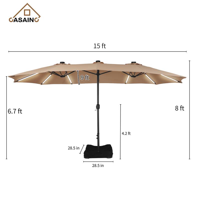 15 ft. Crank Double-sided Solar LED Ultra Lighted Outdoor Market Umbrella with Base Included