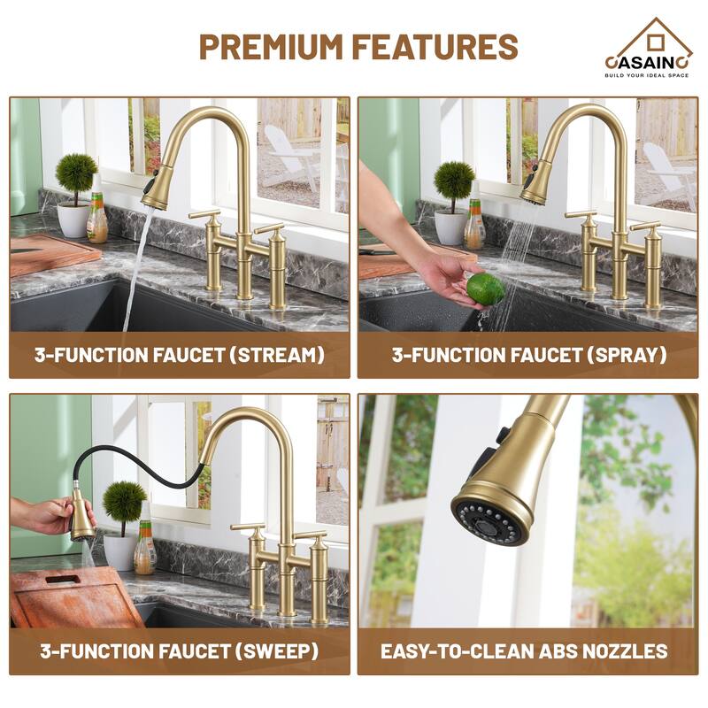 Double Handle Bridge Pull-Down Sprayhead Kitchen Faucet