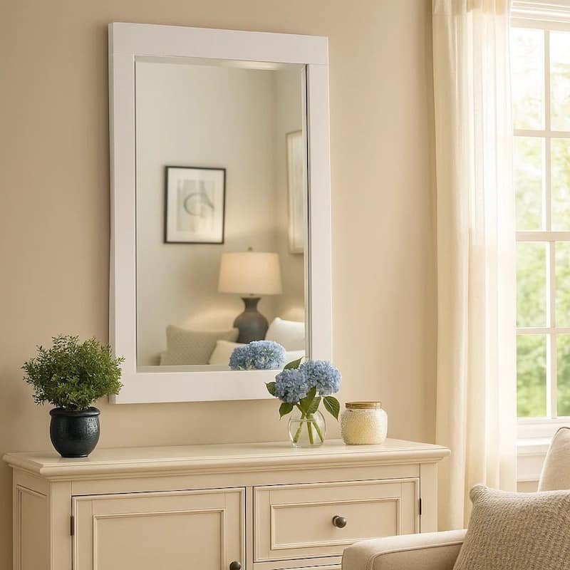 27 Inch Contemporary Wooden Frame Rectangular Mirror, White