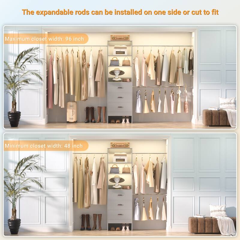 20.5-96'' W Closet Organizer System with Extendable Hanging Rods and Drawers and Tower Shelves