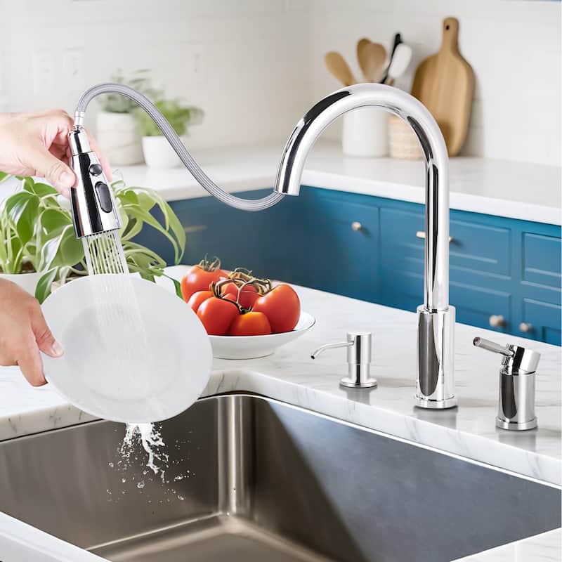 WOWOW Single Handle Pull Down Kitchen Faucet with Soap Dispenser