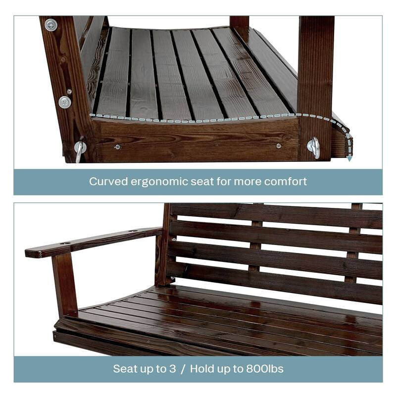 Wooden Porch Swing with Hanging Chains and 7mm Springs Heavy Duty 800 LBS for Outdoor Patio Garden Yard