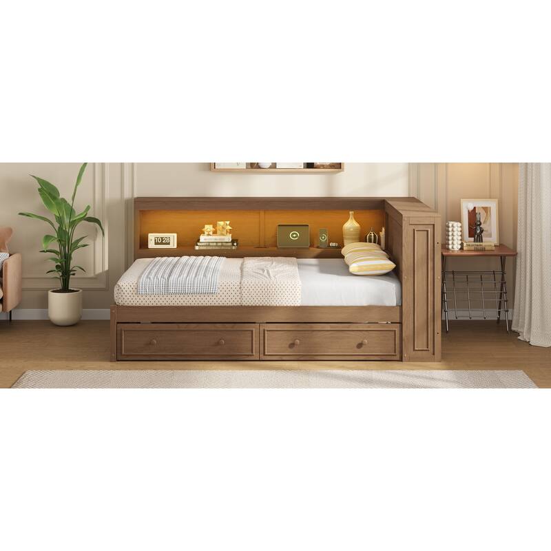 Full Size Wood Daybed with Storage Shelves, USB, LED, and 2 Drawers