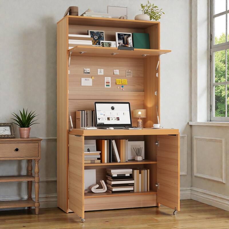 Compact Kitchen Pantry Cabinet with Hutch, Foldable Workstation, Power Outlet, 69 Inch Buffet Storage