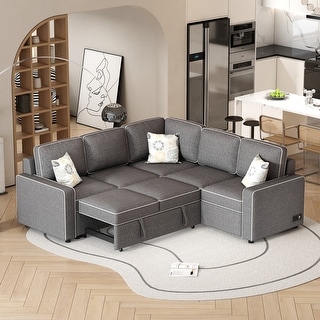 Modern L-Shaped Sectional Couch with Pull Out Bed Linen Convertible ...