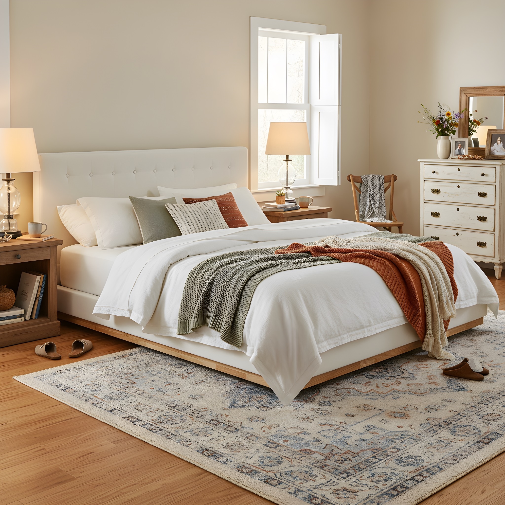 King Solid Wood Platform Bed with Tufted Upholstered Headboard White No Box Spring