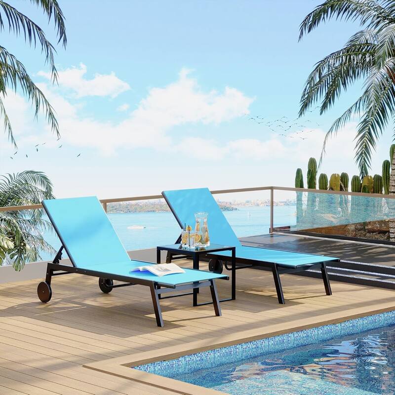 3Pcs Patio Chaise Lounge Chairs with Side Table, Adjustable Backrest Poolside Lounger Chairs with Wheels