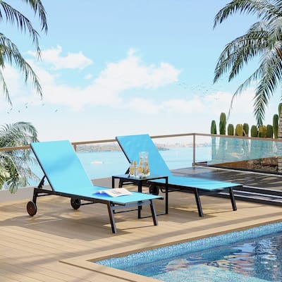 3Pcs Patio Chaise Lounge Chairs with Side Table, Adjustable Backrest Poolside Lounger Chairs with Wheels