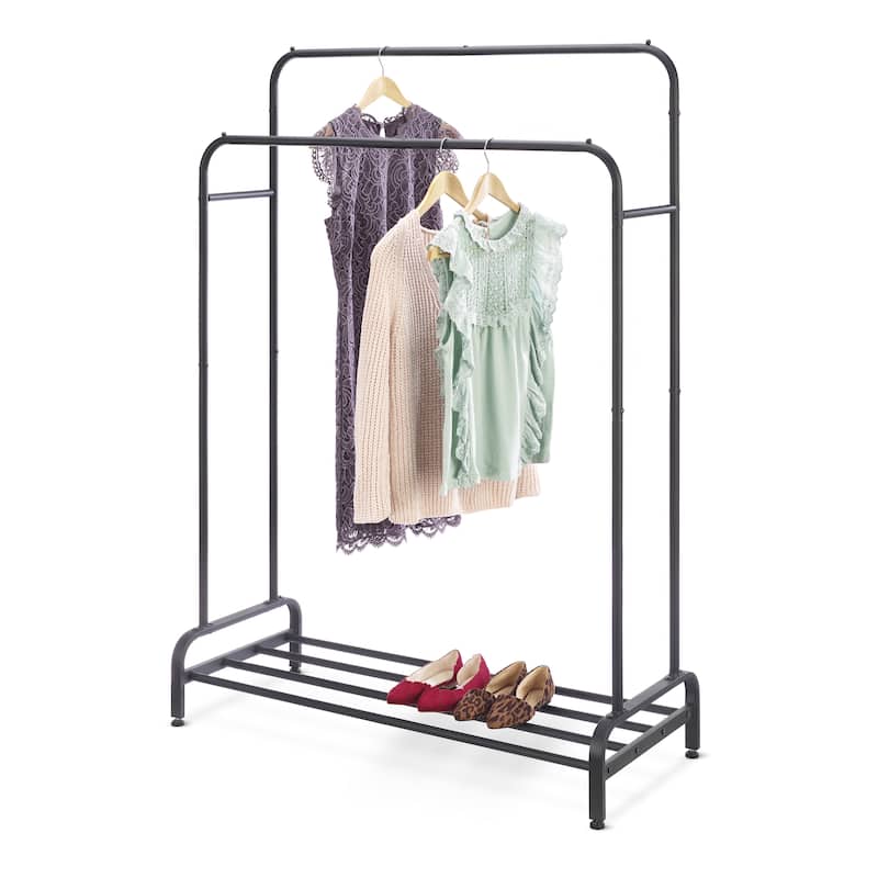 Whitmor Metal Double Rod Clothing Rack with Bottom Shelf-Matte Black