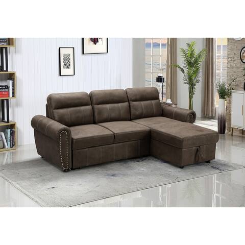 Microfiber Reversible Sleeper Sectional Sofa Chaise in Saddle Brown