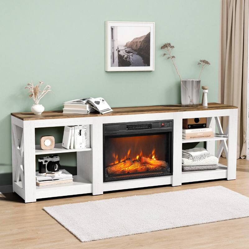 Farmhouse 70'' TV Stand For Tvs Up To 70'' With 23'' Electric Fireplace and Adjustable Shelves