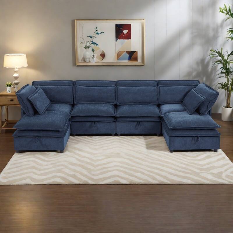 124.4" Polyester U-Shape Modular Sectional Sofa with Double-Layer Cushions, Storage and Convertible Sleeper