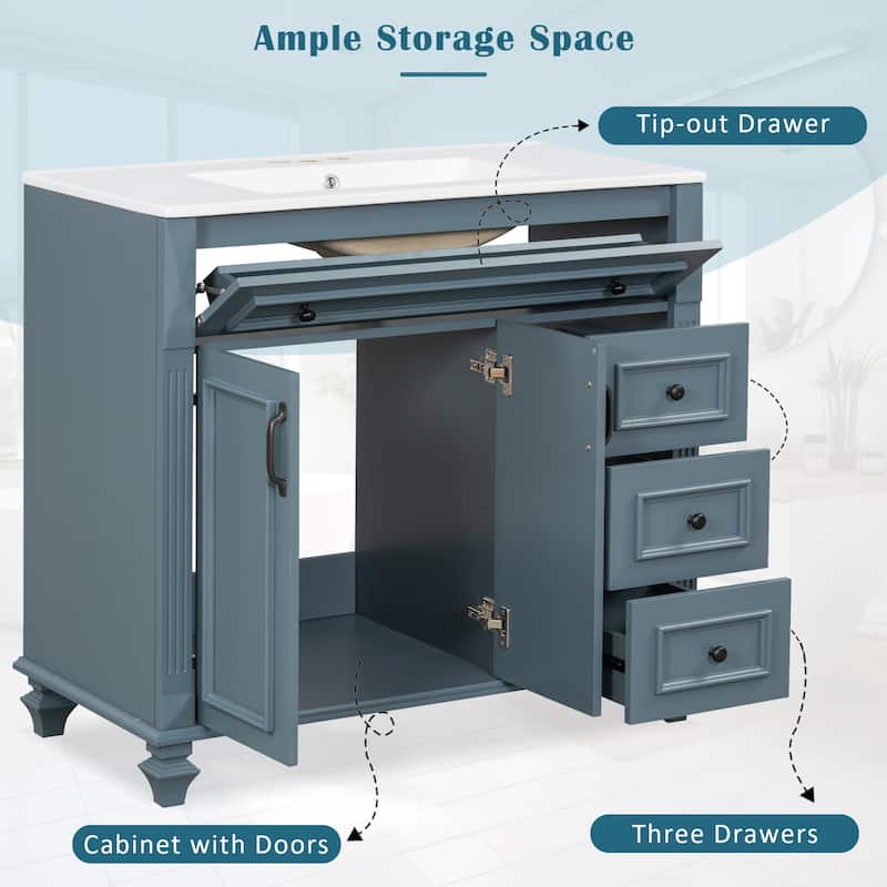 Roomfitters 36" Bathroom Vanity with Sink, Flip-Out Drawer, 3 Drawers, Soft-Close Doors, Solid Wood Cabinet