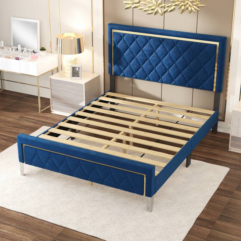 Wall Mounted Upholstered Bed Queen Blue,Padded Headboard,High-Density Padding