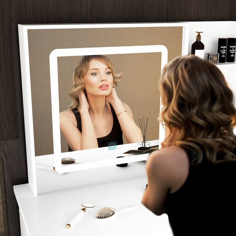 Makeup Vanity Set with Stool and 3 Color Touching Mirror Dresser Table - 39.4"W