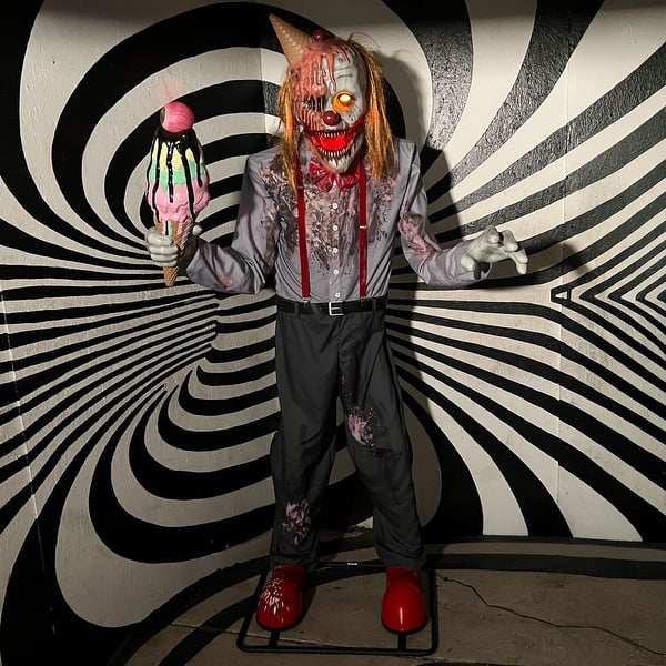 slide 2 of 19, Haunted Hill Farm Haunted Hill Farm 6.9 ft. Motion-Activated I Scream Clown Halloween Animatronic by Tekky - Multi