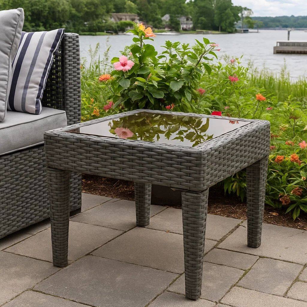 Annie Outdoor Square Accent Table, Tempered Glass, 20 Inch Gray Wicker