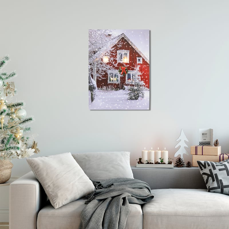 LED Fiber Optic Red Snowy Barn House Christmas Wall Art 15.75 x 12