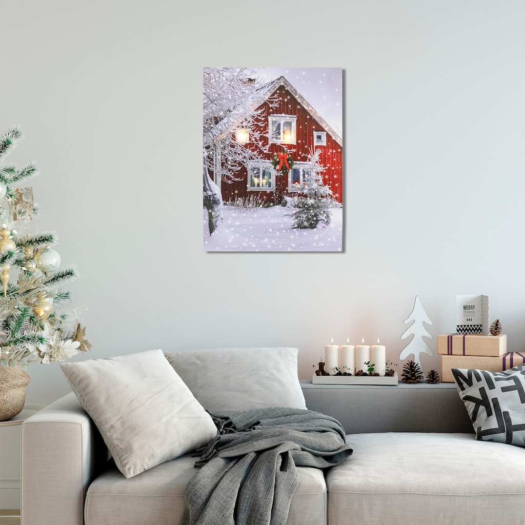 LED Fiber Optic Red Snowy Barn House Christmas Wall Art 15.75 x 12