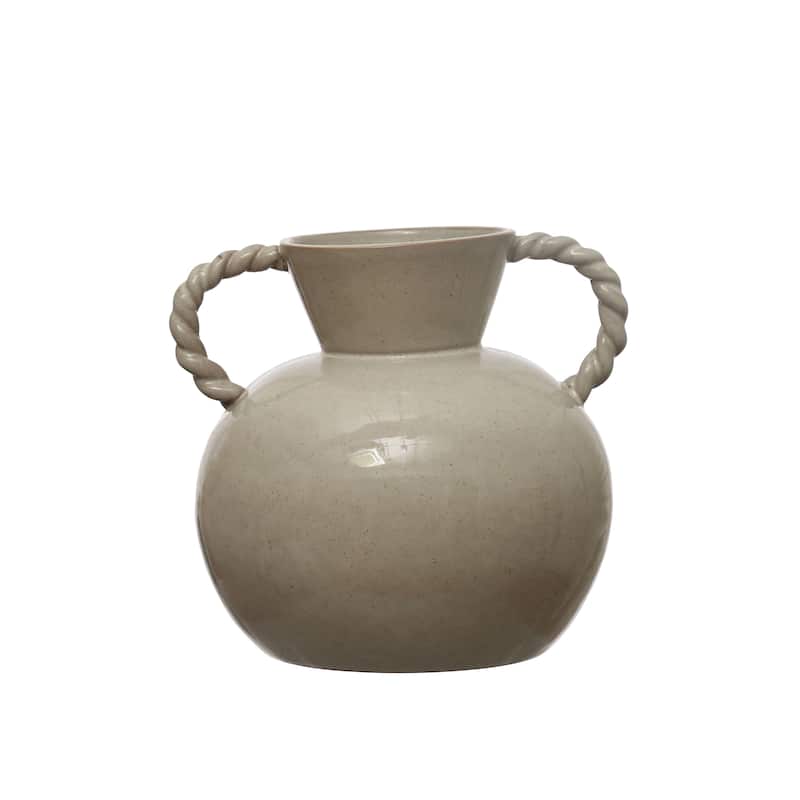 Stoneware Vase with Twisted Handles and Reactive Glaze