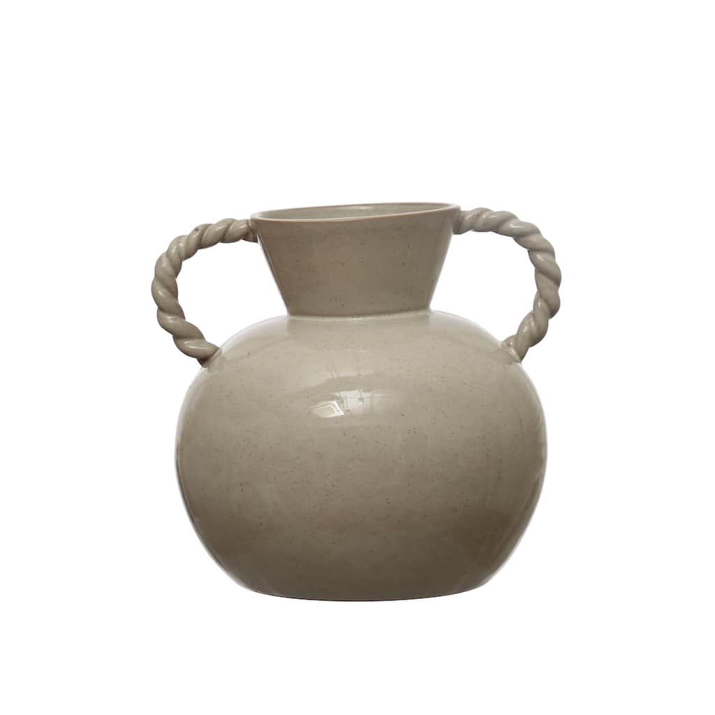Stoneware Vase with Twisted Handles and Reactive Glaze