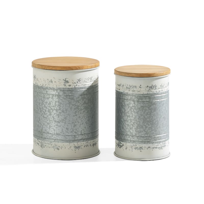 Glitzhome Set of 2 Farmhouse Nesting Galvanized Metal Storage Accent Table or Stool with Wood Lids