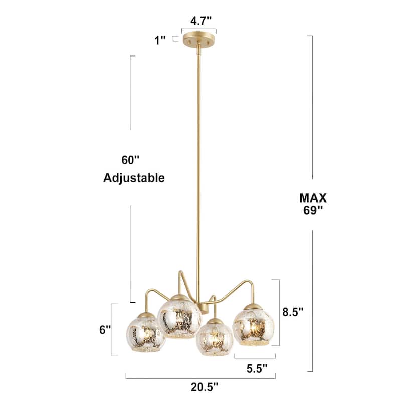 Ziv Mid-Century Modern 4-Light Gold Chandelier with Mercury Glass Shades - 20.5" D x 8.5" H