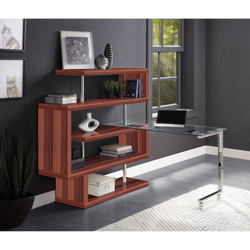 Chrome High Gloss Finish Writing Desk with Shelf - Walnut