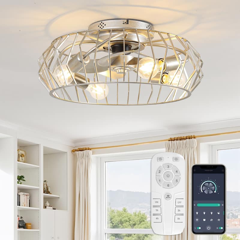 19.7" Vintage Silver Metal Caged Smart Fandelier Ceiling Fan with Remote and App Control