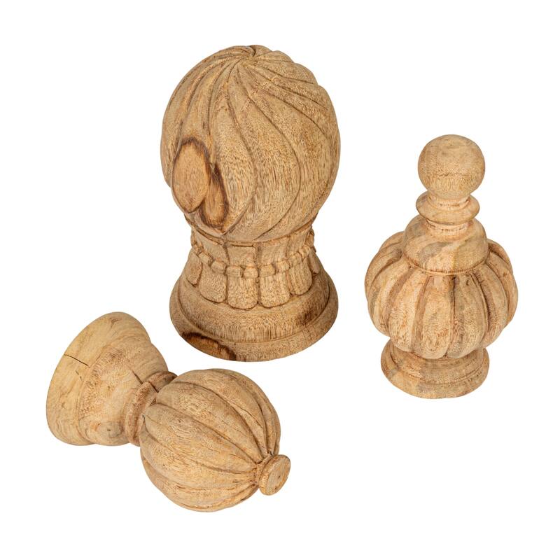 Bleached Hand-Carved Mango Wood Finials, Set of 3 - 5.5"L x 5.5"W x 9.0"H