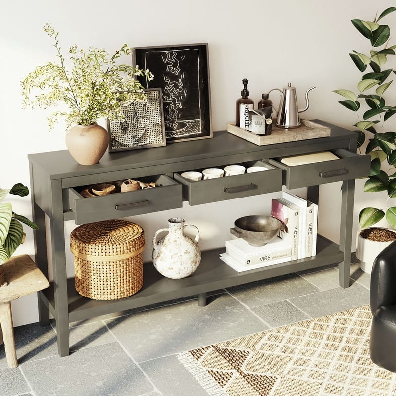 62.2" Modern Farmhouse Console Table with 3 Drawers & Open Shelf