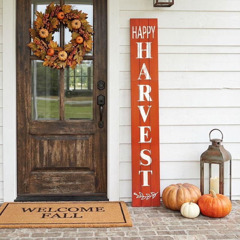 HomeRoots 72" Orange Solid Wood Happy Harvest Porch Sign