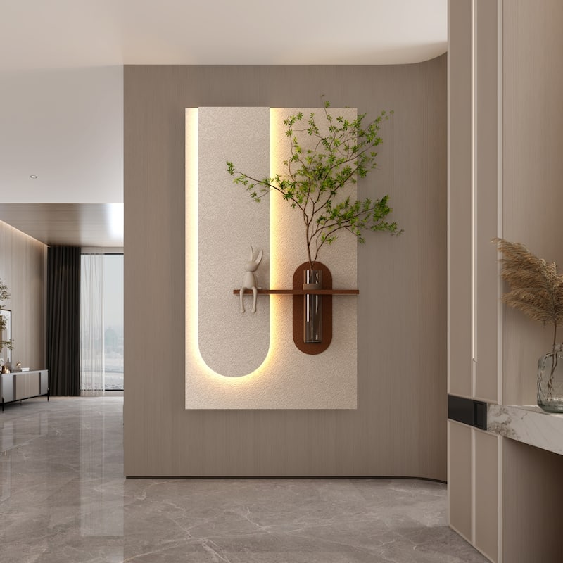 Adjustable 3-Color LED Sandstone Wall Decor with Simulated Plants -3D Art Sculpture,Glass Vase & Rabbit Statue,Remote Control
