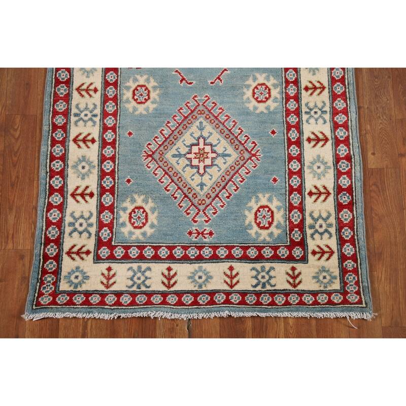 Light Blue Kazak Runner Rug Hallway Hand-Knotted Wool Carpet - 2'10" x 15'2"