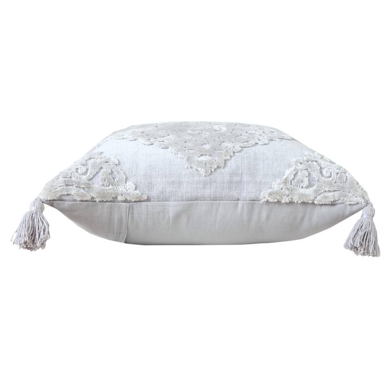 18" Silver And Gray Medallion Viscose Throw Pillow Cover with Tassels