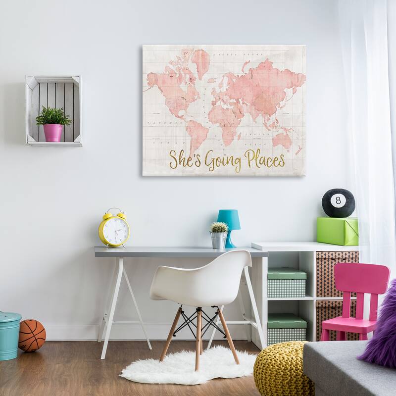 Stupell She's Going Places Quote Pink Watercolor World Map Canvas Wall Art