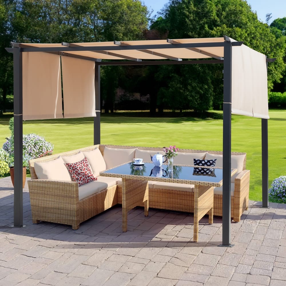 Cozywor 10 ft. x 10 ft. Steel Arched Pergola with Beige Shade Canopy