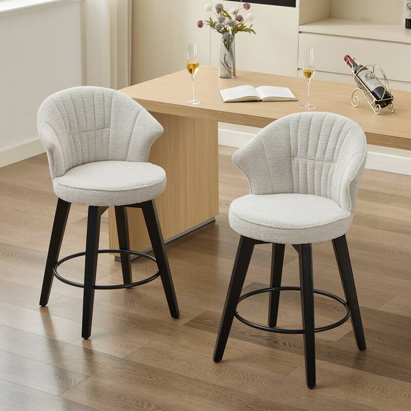 Set of 2 Chenille Upholstered Swivel Bar Stools with Solid Wood Legs and Wing Back - White