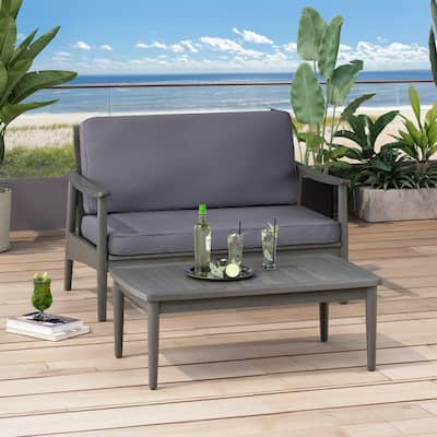 Patio Loveseat and Coffee Table Set, Patio Furniture Set with Cushion, Acacia Wood Frame Conversation Set
