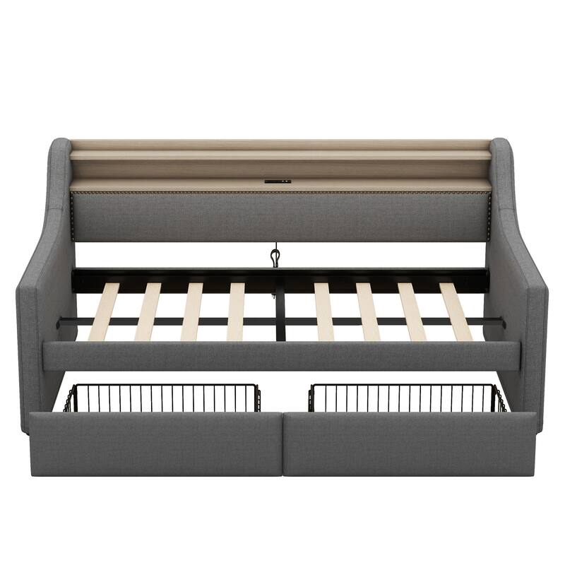 Twin Size Upholstered Daybed with Drawers, Charging Station and LED Lights