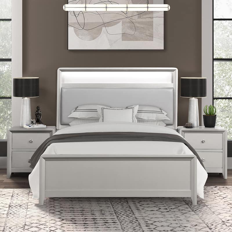 Furniture of America Milandra Modern 3-Piece Champagne Solid Wood Panel Bedroom Set with LED Light - Twin