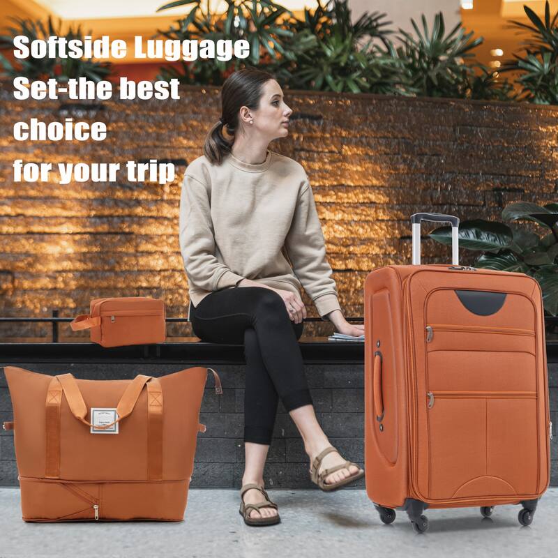 3 Piece ABS Softside Expandable Upright Spinner Luggage with TSA Lock and Duffel Bag