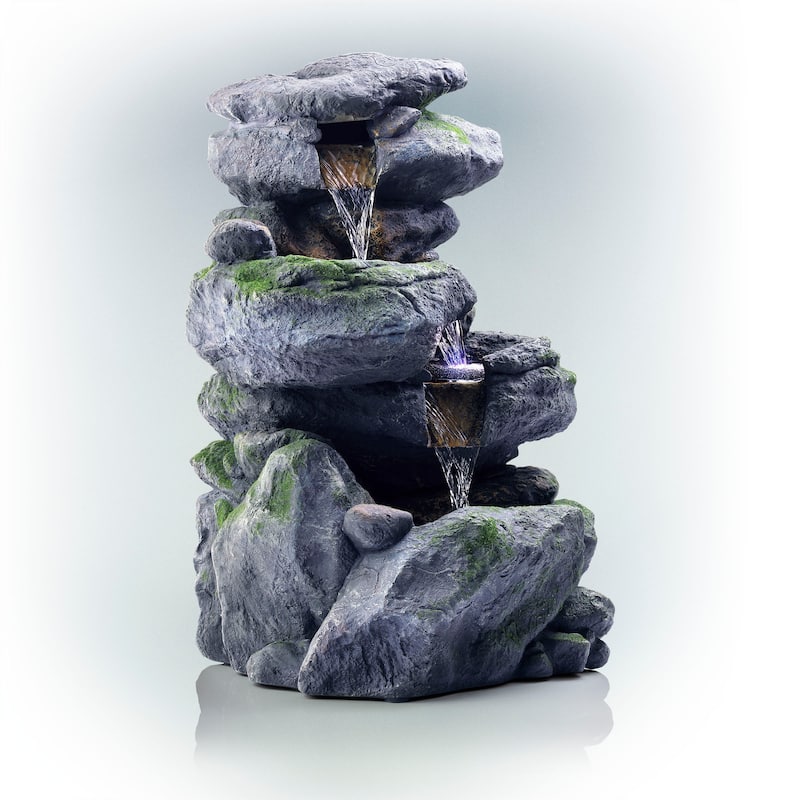 Alpine Corporation - Outdoor 3-Tier Rock Waterfall Fountain with LED Lights for Garden, Patio, Yard, and Porch Decor