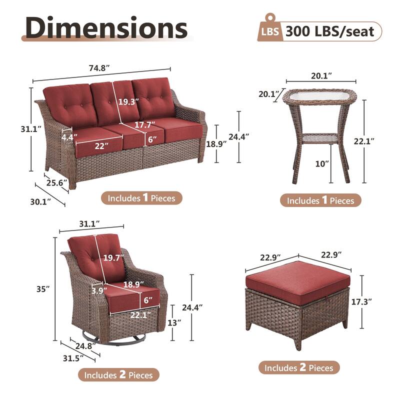 Artisan 6-Piece Patio Brown Wicker Sofa Conversation Set with 6-Inch Thick Cushions