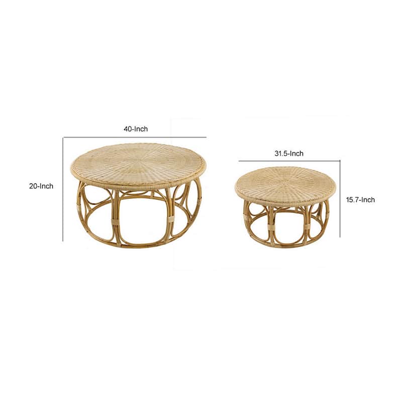 32, 40 Inch Coffee Table Set of 2, Round Tops, Handwoven Rattan, Brown
