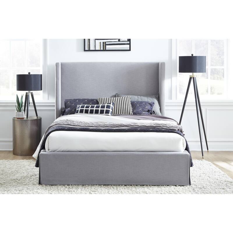 Cresta Upholstered Skirted Storage Panel Bed in Fog