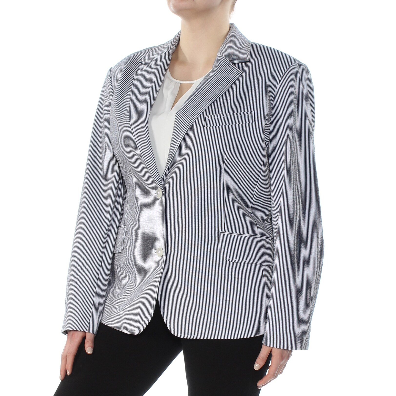 Shop Anne Klein Womens Black Collared Two Button Pinstripe Blazer