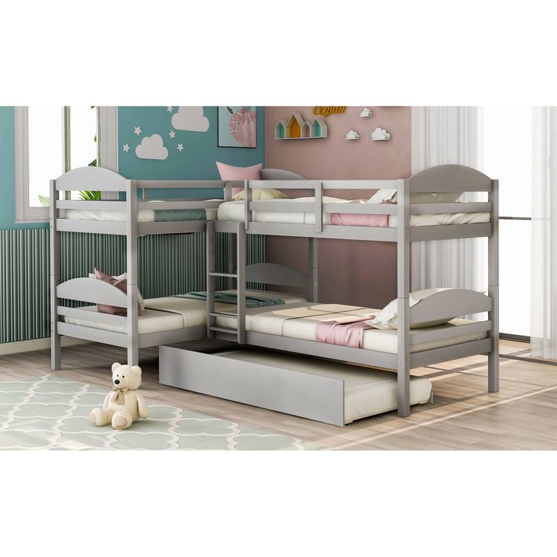 L-Shaped Twin Bunk Bed with Trundle in Gray - Space-Saving Design for Kids and Guests