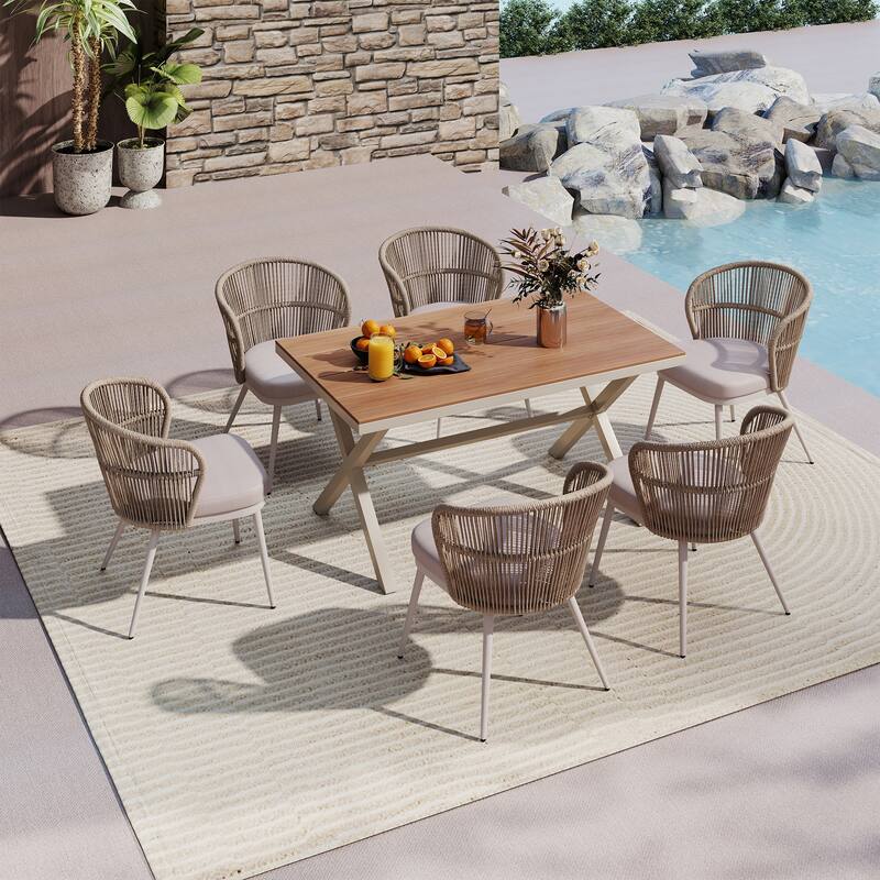 Outdoor 7-Piece Dining Chair with Shell-Shaped backrest and Table Set