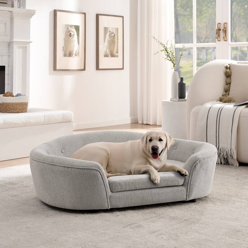 Oval Semi-Enclosed Dog Sofa, Durable Linen Material, Button-Tufted Backrest, High-Center Low-Sides Support Plush Comfort-Beige - Clear